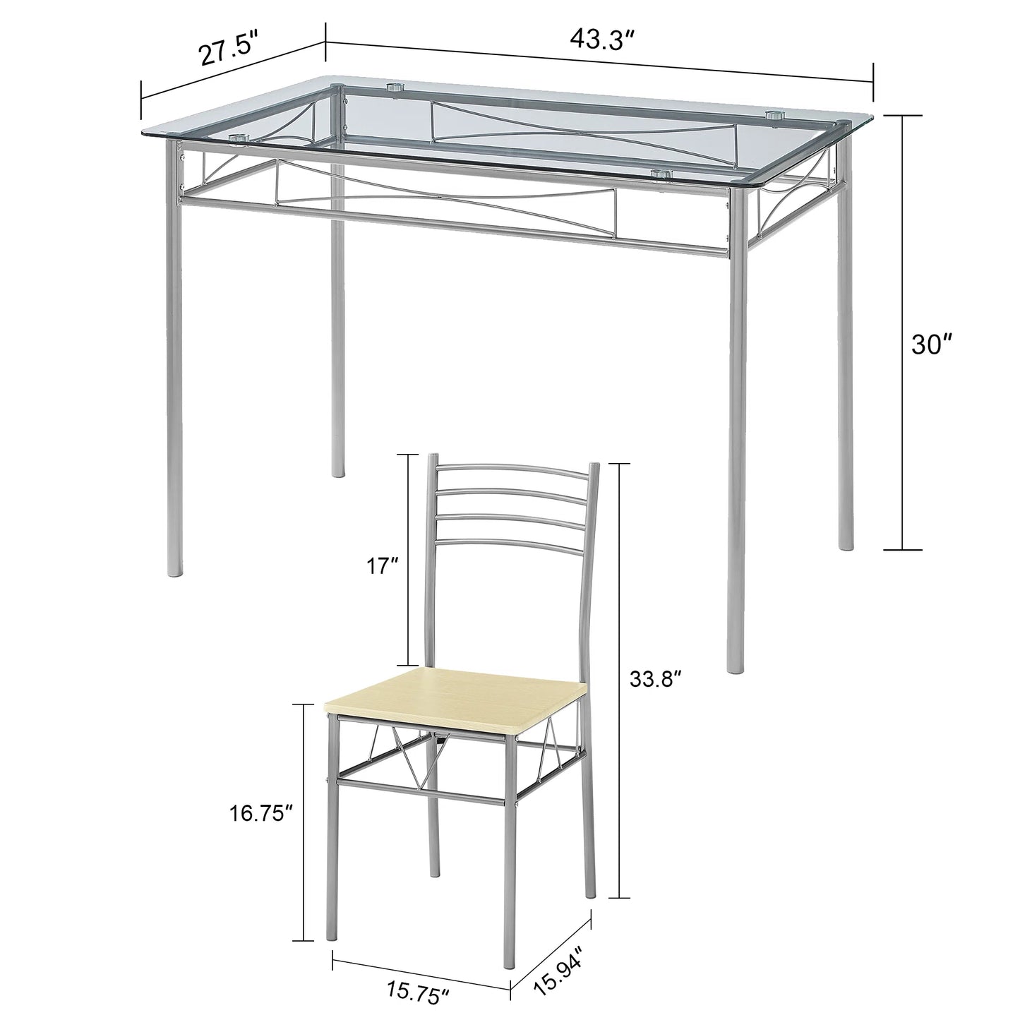 Dining Set Includes Table and Chairs for Kitchen | Silver Frame from AHF Depot - Modern glass top silver frame dining table with a single chair against a white background. Table Dimensions: 43.3" L x 27.5" W x 30" H. Chair Dimensions: 15.87" L x 16.9" W x 33.8" H.