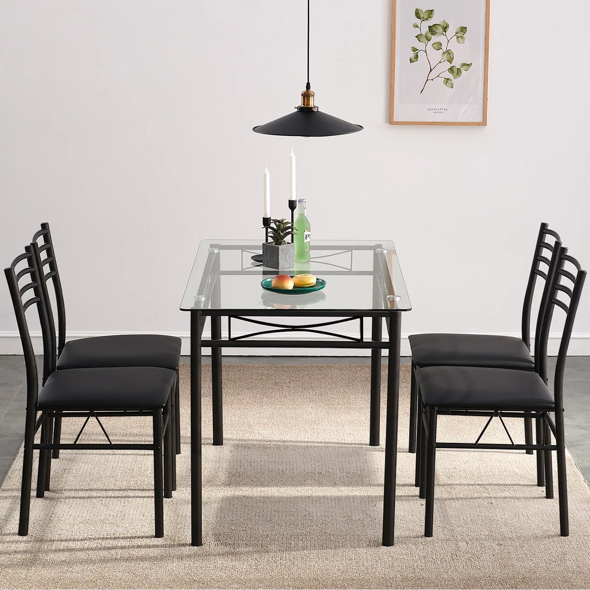 Dining Set Includes Table and Chairs for Kitchen | Black Frame from AHF Depot - Modern glass top black frame dining table with four chairs, complemented by breakfast essentials and candles in a stylish indoor dining room scene.