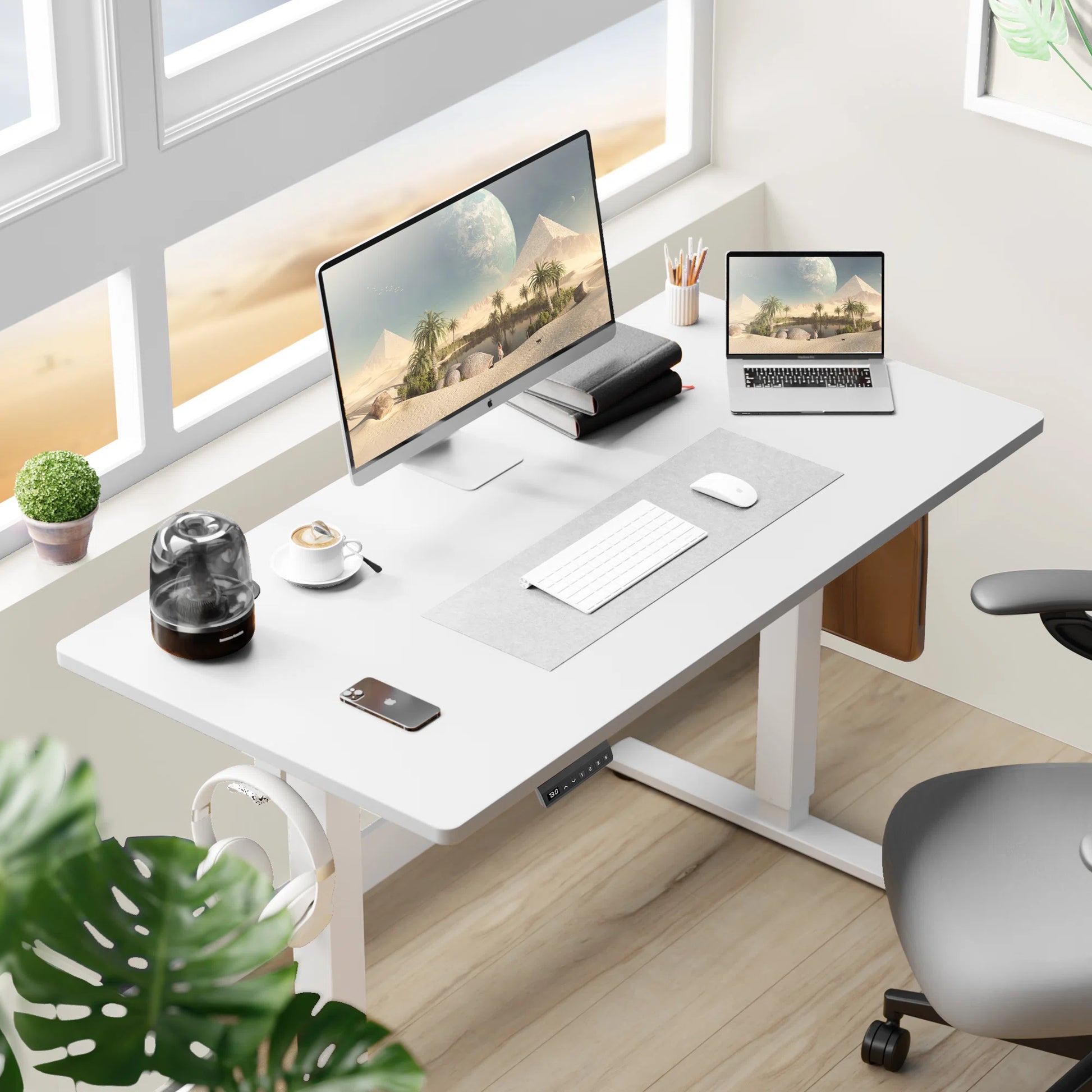 Desk for Computer PC in Office with Adjustable Height - 48" | White from AHF Depot - White computer desk showcased in a modern office space with computer setup, positioned in front of a window.