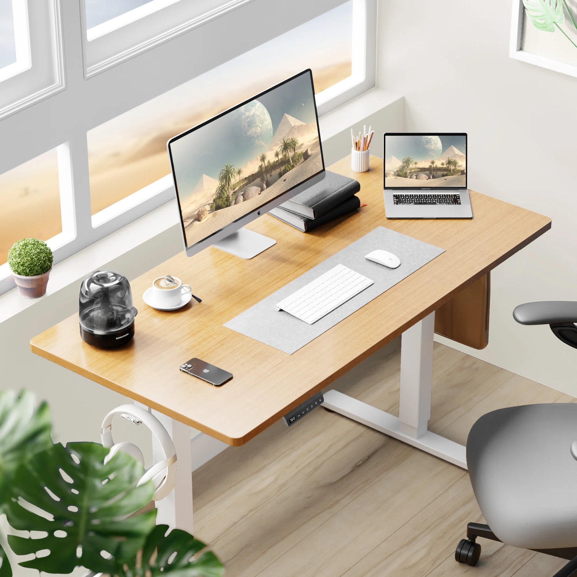 Desk for Computer PC in Office with Adjustable Height - 48" | Light Wood from AHF Depot - Light wood computer desk showcased in a modern office space with computer setup, positioned in front of a window. 