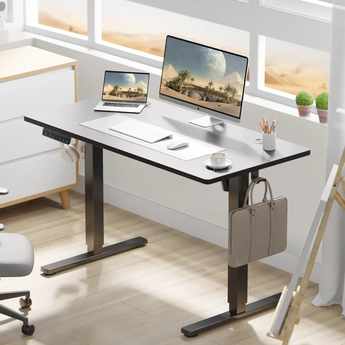 Desk for Computer PC in Office with Adjustable Height - 48" | Black from AHF Depot - Black computer desk showcased in a modern office space with computer setup, positioned in front of a window.