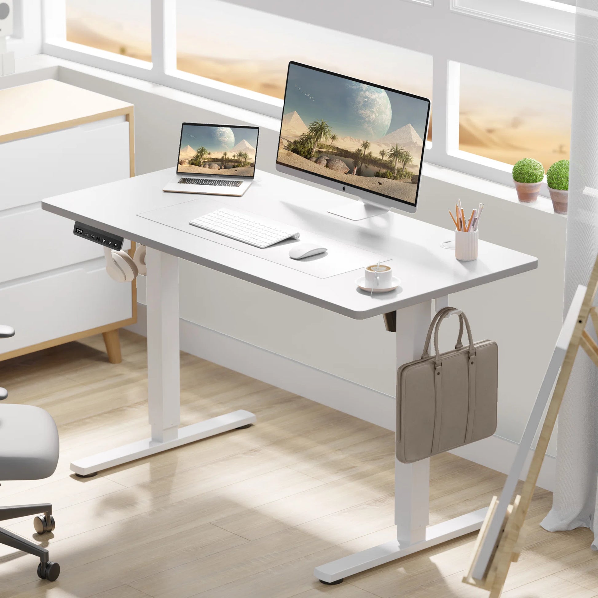 Desk for Computer PC in Office with Adjustable Height - 48" | White from AHF Depot - White computer desk showcased in a modern office space with computer setup, positioned in front of a window.