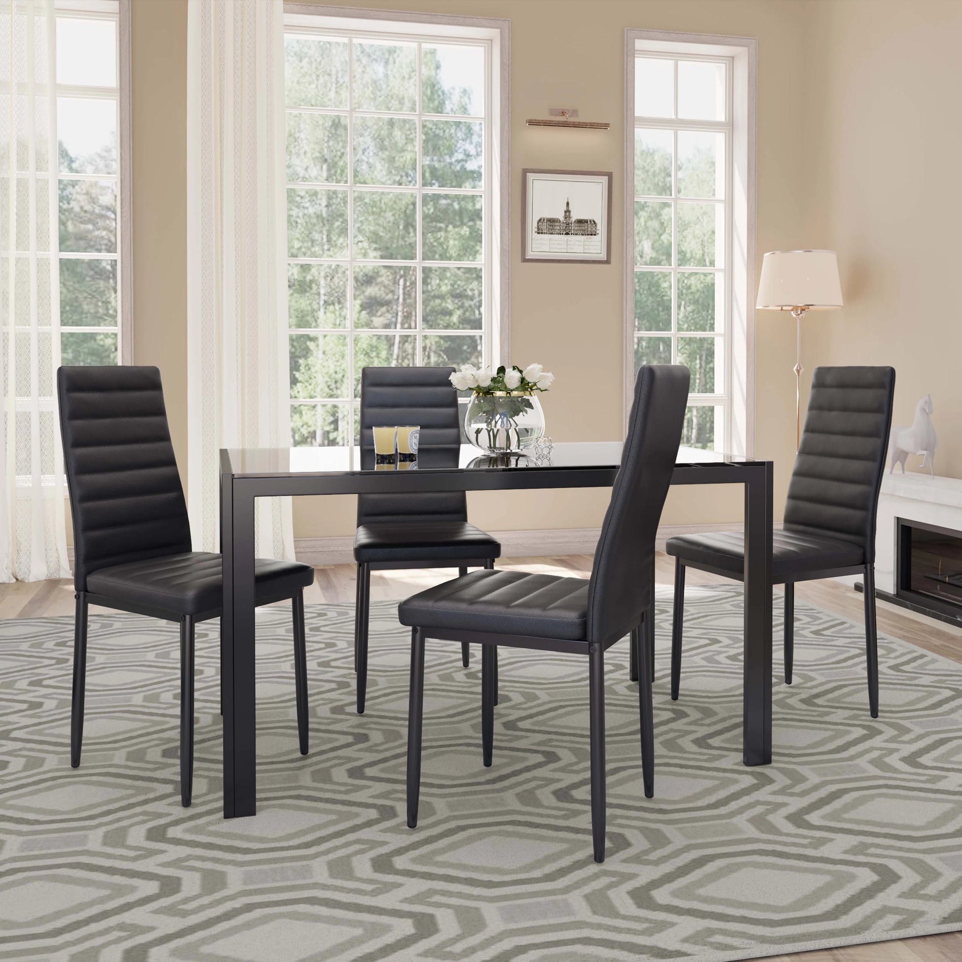 Dining Set with Table and Chairs for Kitchen | Black from AHF Depot - Modern black dining table with four chairs, adorned with candles and flowers, set in a contemporary dining room with expansive bay windows offering a view of the outdoors.