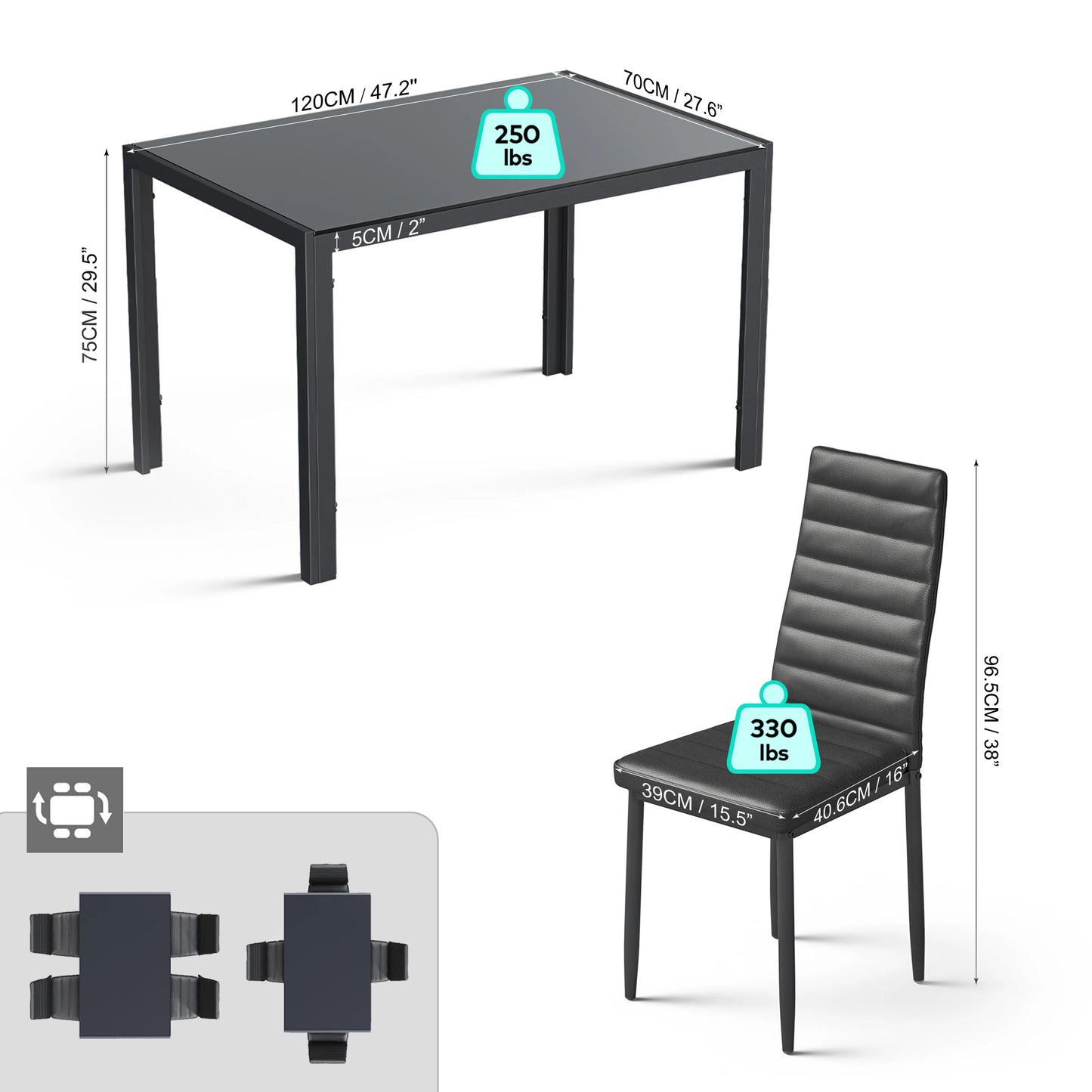 Dining Set with Table and Chairs for Kitchen | Black from AHF Depot - Modern black dining table with a single chair against a white background. Table Dimensions: 47.2" L x 27.6" W x 29.5" H. Chair Dimensions: 16" L x 15.5" W x 38" H.