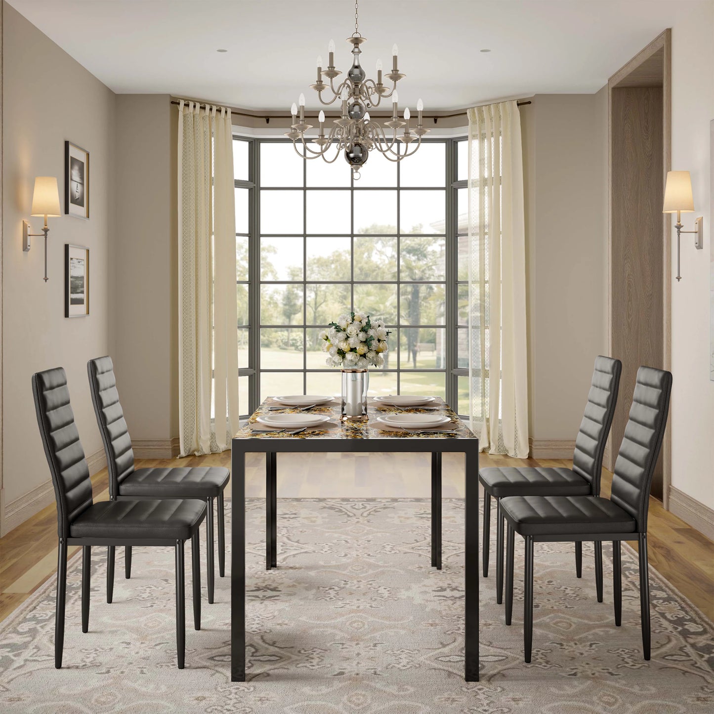 Dining Set with Table and Chairs for Kitchen | Marble Pattern from AHF Depot - Modern marble pattern dining table with four chairs, adorned with plates and a floral center piece, set in a contemporary dining room with a big bay window offering a view of the yard.