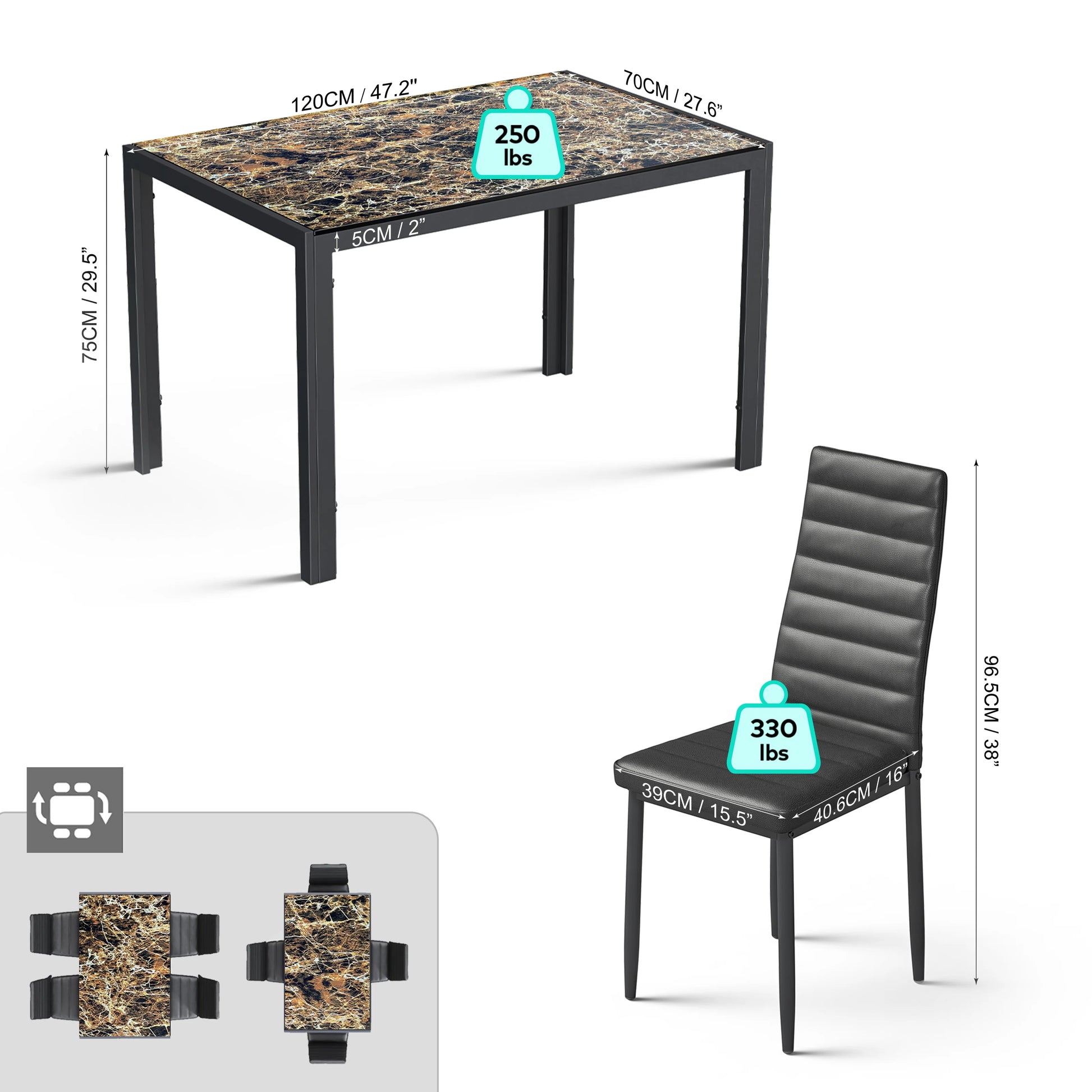 Dining Set with Table and Chairs for Kitchen | Marble Pattern from AHF Depot - Modern marble pattern dining table with a single chair against a white background. Table Dimensions: 47.2" L x 27.6" W x 29.5" H. Chair Dimensions: 16" L x 15.5" W x 38" H.