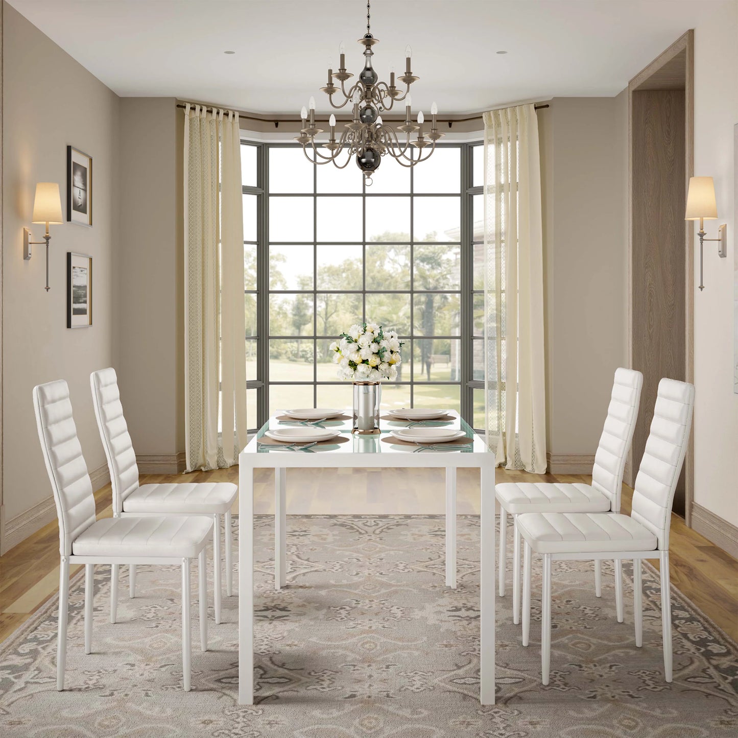 Dining Set with Table and Chairs for Kitchen | White from AHF Depot - Modern white dining table with four chairs, adorned with plates and a floral center piece, set in a contemporary dining room with a big bay window offering a view of the yard.