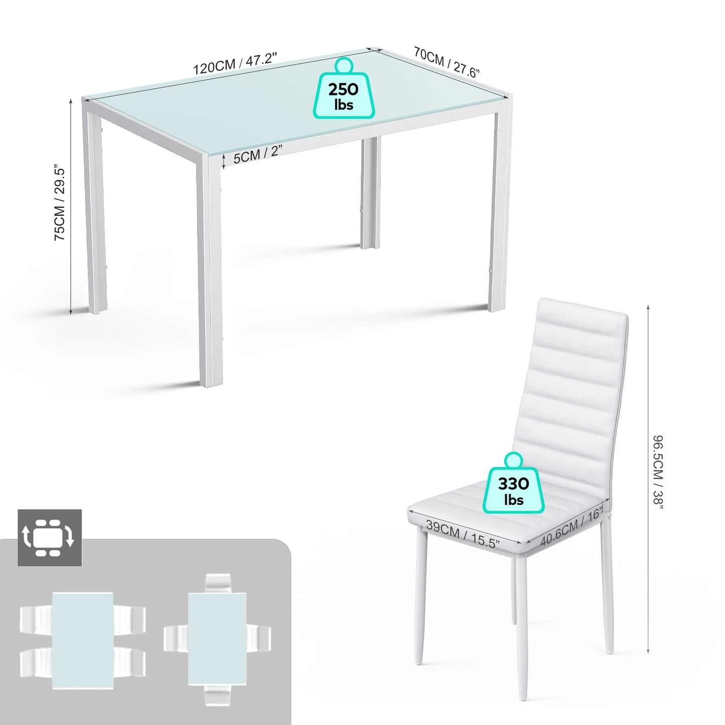 Dining Set with Table and Chairs for Kitchen | White from AHF Depot - Modern white dining table with a single chair against a white background. Table Dimensions: 47.2" L x 27.6" W x 29.5" H. Chair Dimensions: 16" L x 15.5" W x 38" H.