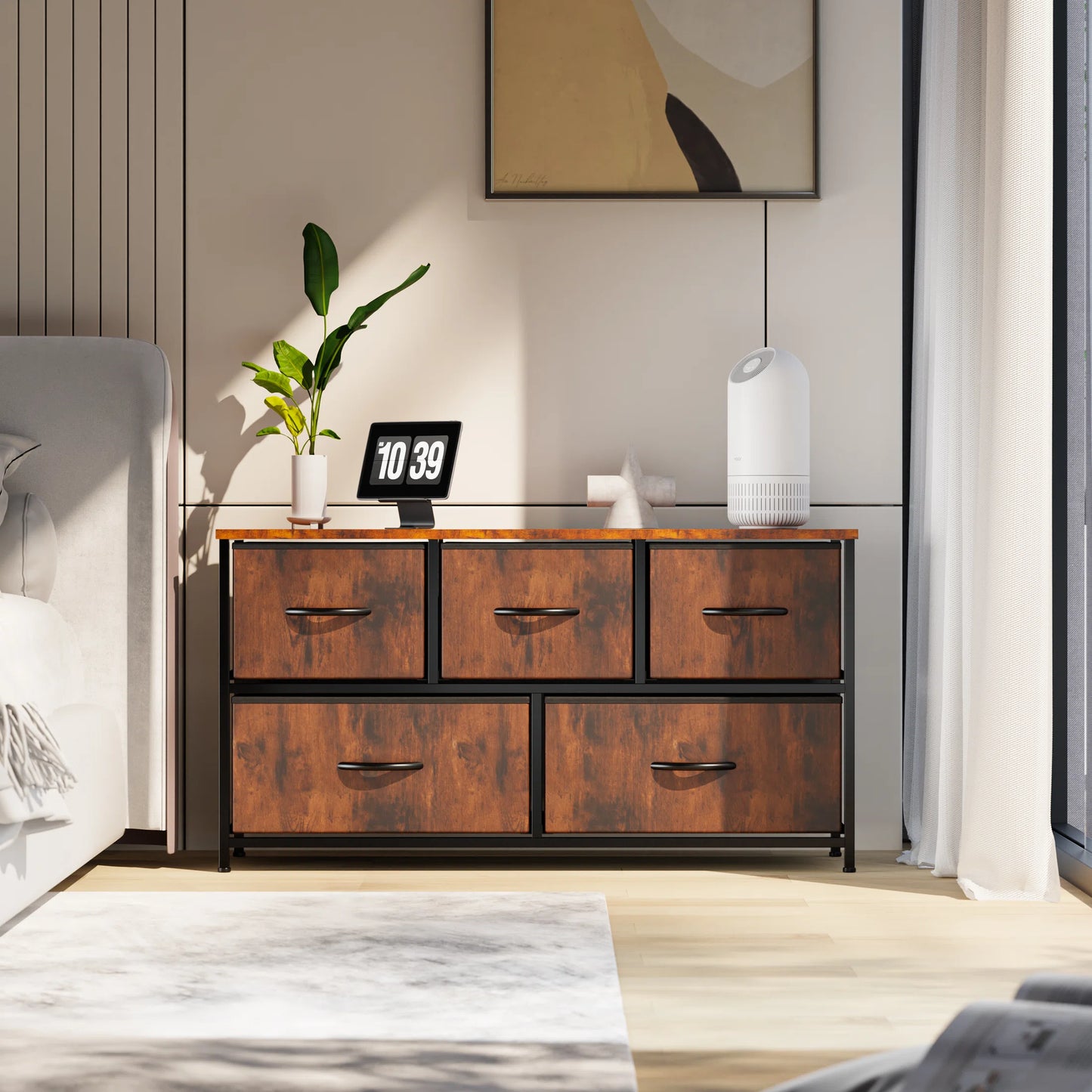 Dresser with 5 Drawers for Bedroom | Wood Pattern from AHF Depot - Wood pattern 5 drawer dresser in a modern light tone bedroom setting.