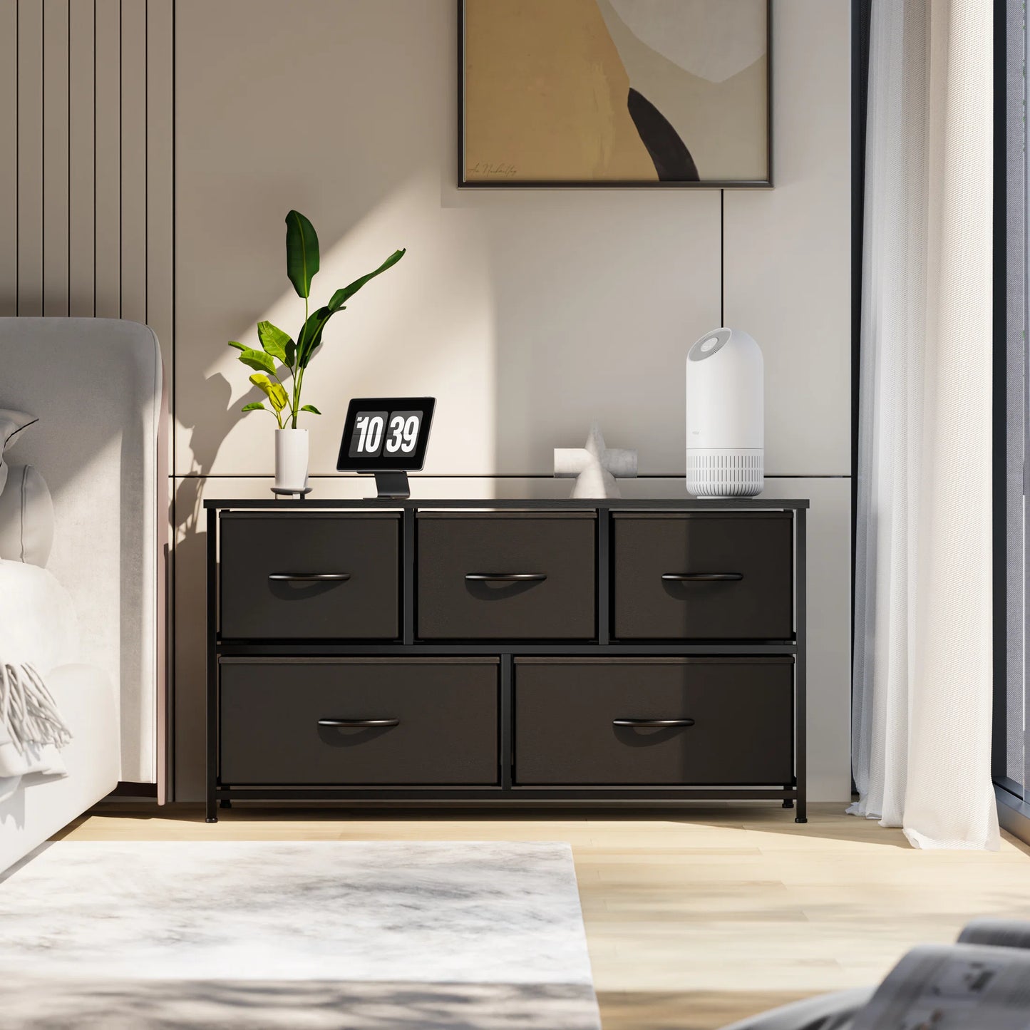 Dresser with 5 Drawers for Bedroom | Black from AHF Depot - Black 5 drawer dresser in a modern light tone bedroom setting.