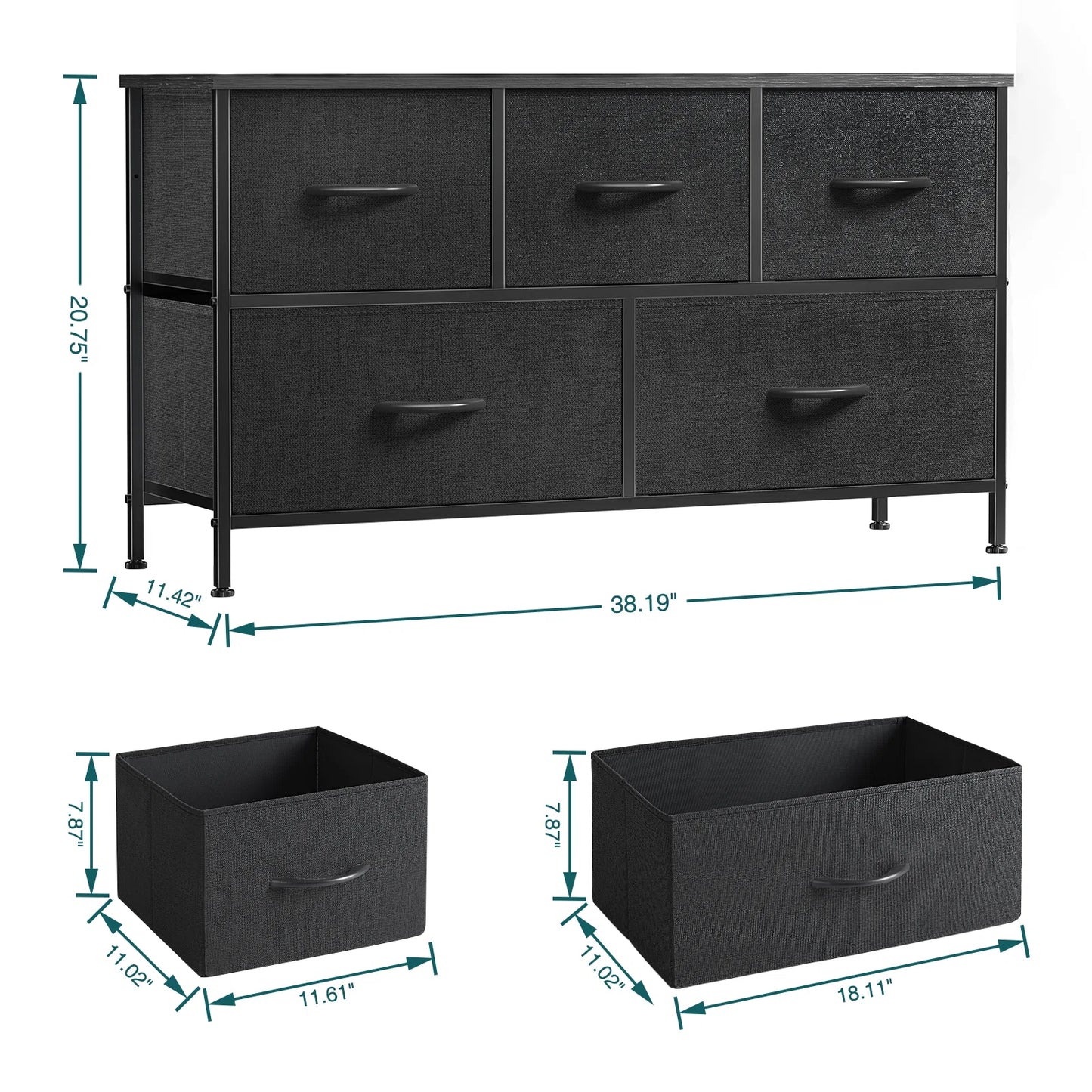 Dresser with 5 Drawers for Bedroom | Black from AHF Depot - Black 5 drawer dresser against a white background. Dimensions: 38.19" L x 11.42" W x 20.75" H.