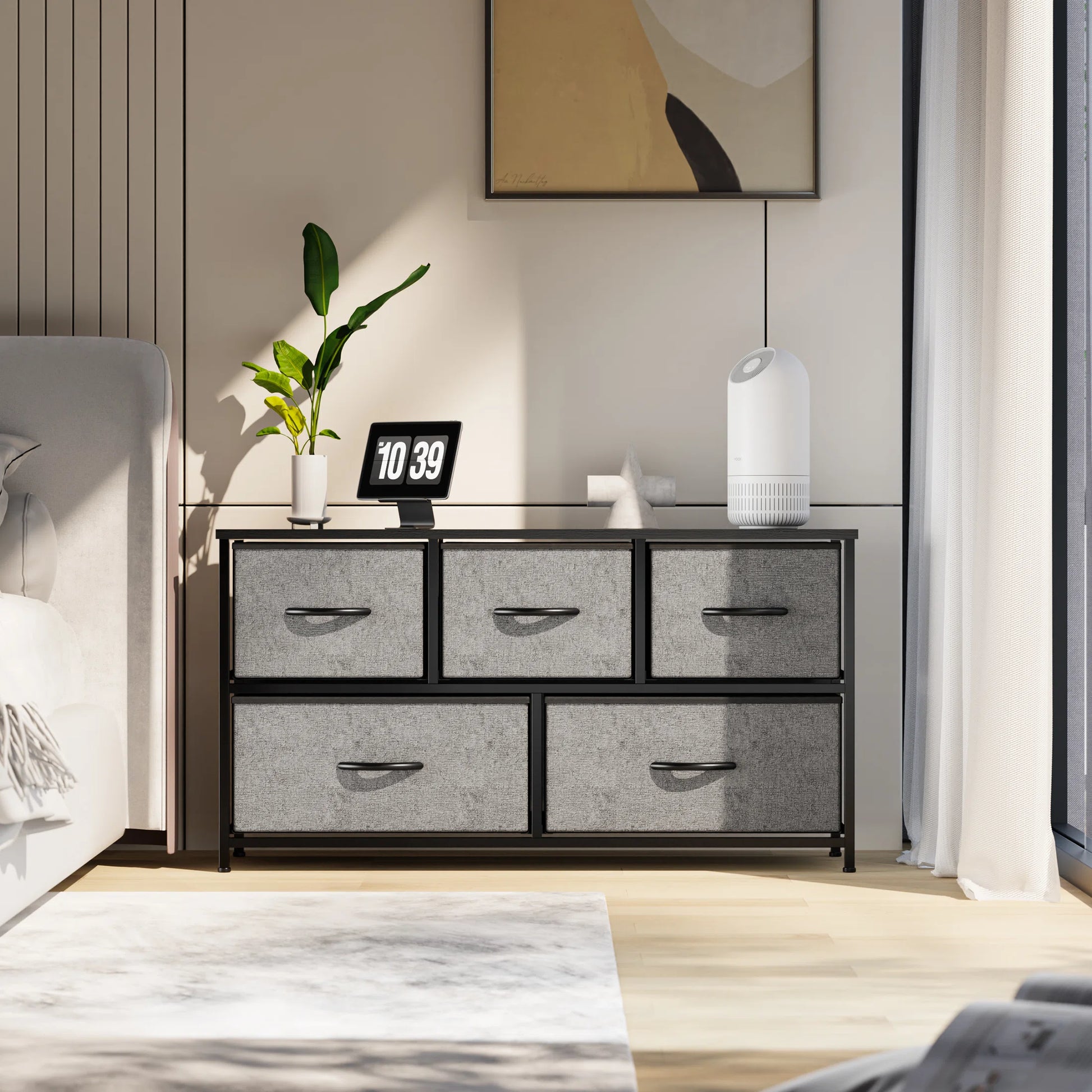 Dresser with 5 Drawers for Bedroom | Grey from AHF Depot - Grey 5 drawer dresser in a modern light tone bedroom setting.