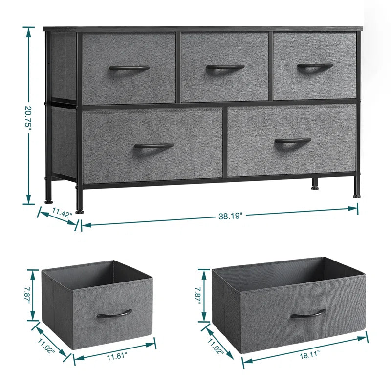 Dresser with 5 Drawers for Bedroom | Grey from AHF Depot - Grey 5 drawer dresser against a white background. Dimensions: 38.19" L x 11.42" W x 20.75" H.