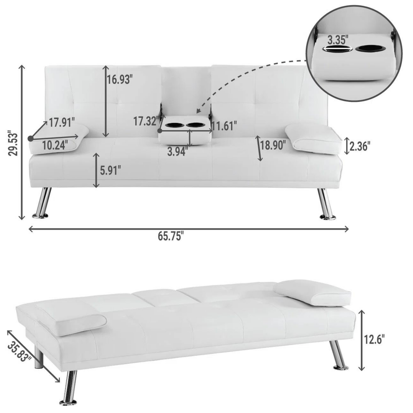 Couch Bed Futon Sleeper Sofa for Living Room | White Faux Leather from AHF Depot - White leather futon in the couch and bed positions against a clean white background showcasing product dimensions. Couch Position Dimensions 65.75" L x 35.83" W x 29.53" H. Bed Position Dimensions 65.75" L x 35.8" W. Floor to Seat Height is 12.6".