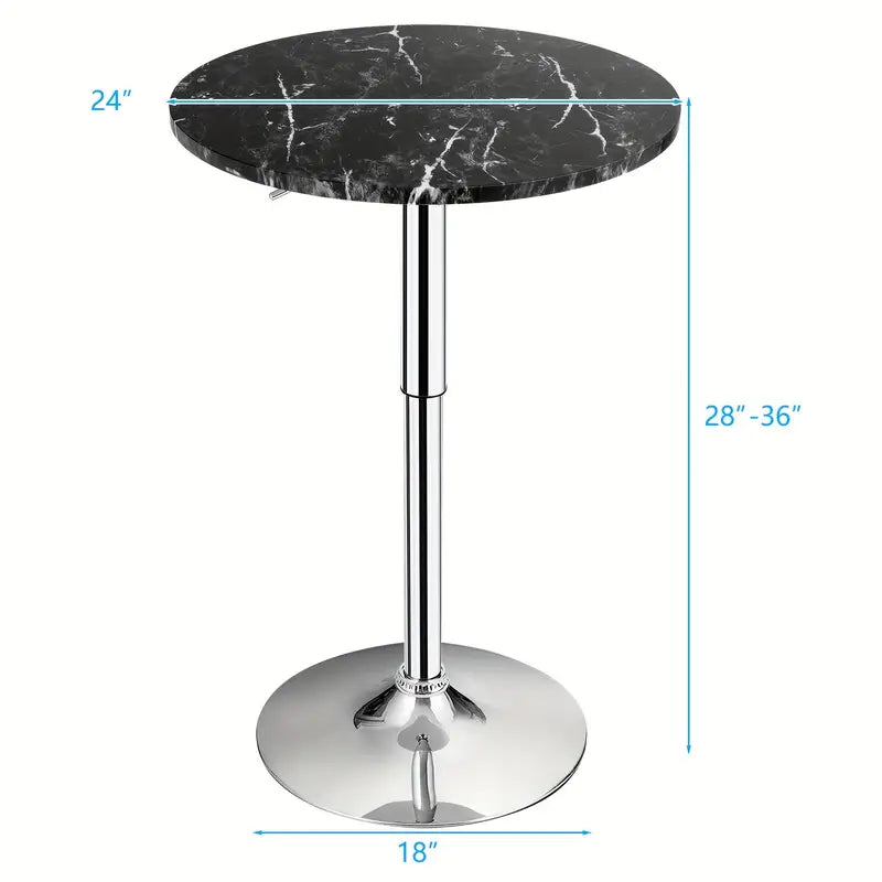 Bar Table Round with Adjustable Height and Swivel | Black from AHF Depot - Modern black marble top bar table with a sleek silver frame against a white background. Table top diameter: 24". Height: 28" - 36". Base diameter: 18".